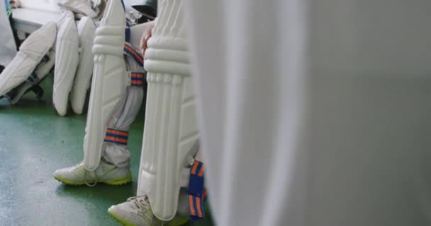 Side View Mixed Race Male Cricket Player Wearing Whites Sitting — Stock Video