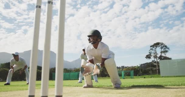 Een Tiener Afro Amerikaanse Mannelijke Cricketspeler Die Wit Helm Handschoenen — Stockvideo