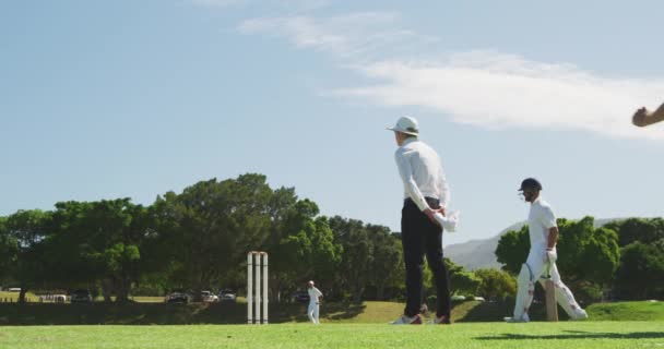 Sidovy Tonåring Kaukasiska Manliga Cricket Spelare Bär Vita Bowling Bollen — Stockvideo