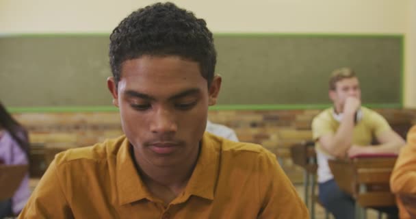 Front View Close Teenage Mixed Race Boy High School Classroom — Αρχείο Βίντεο