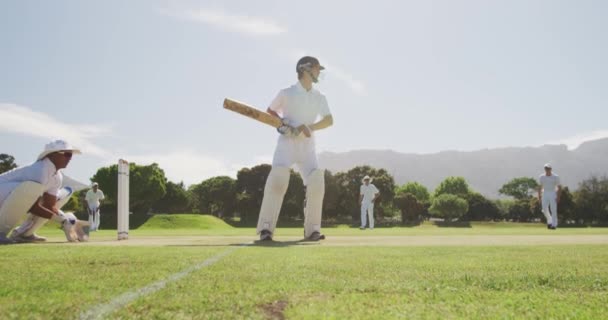 Vista Lateral Cricket Adolescente Caucásico Que Lleva Casco Sostiene Murciélago — Vídeo de stock