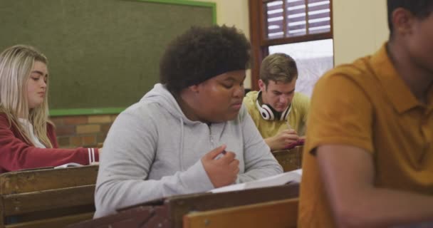 Vista Lateral Una Adolescente Afroamericana Una Clase Secundaria Sentada Escritorio — Vídeo de stock