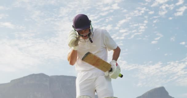 Low Angle Front View Teenage Caucasian Male Cricket Player Wearing — Stock Video