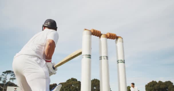 Zadní Pohled Nízký Úhel Dospívající Běloch Hráč Kriketu Hřišti Přilbě — Stock video