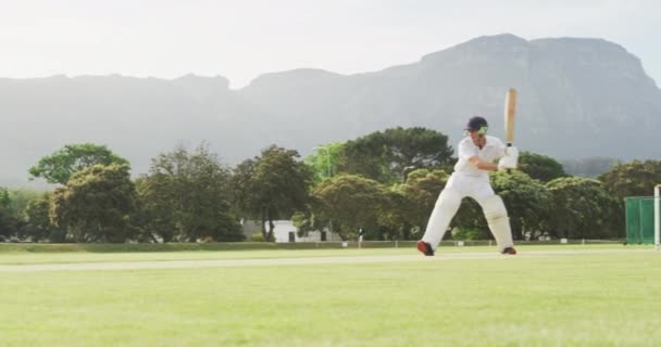Oldalnézet Egy Tinédzser Fehér Férfi Krikett Játékos Pályán Visel Sisak — Stock videók