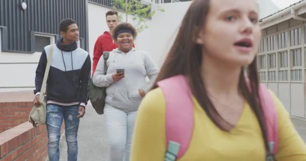 Přední Pohled Multietnickou Skupinu Teenagerů Jak Mluví Smějí Půdě Své — Stock video