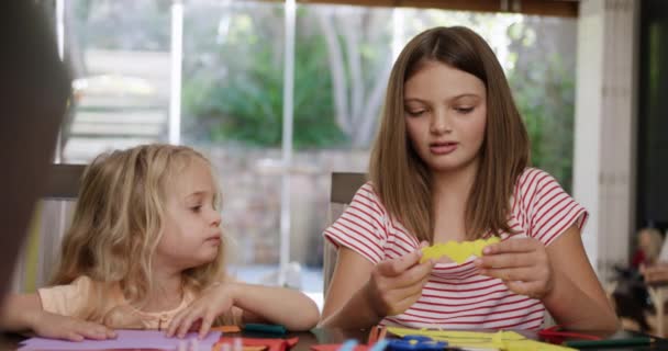 코카서스 소녀와 그녀의 여동생 식당에서 시간을 즐기고 동작으로 즐겁게 — 비디오