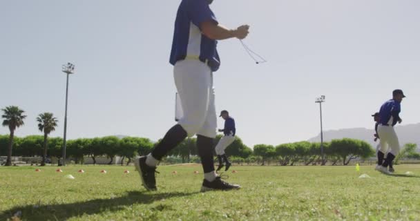 Vista Laterale Una Squadra Multietnica Giocatori Baseball Maschili Allenatore Baseball — Video Stock