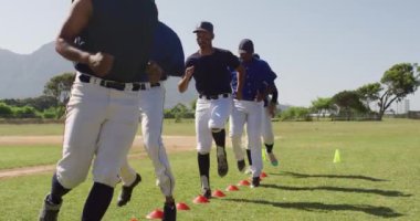 Çok ırklı erkek beyzbol oyuncularından oluşan bir takımın ön yüzü, maçtan önce bir oyun sahasında antrenman yapıyor, güneşli bir günde egzersiz yapıyor, esniyor ve koşuyor, yavaş çekimde.