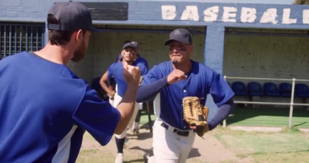Egy Többnemzetiségű Férfi Baseball Játékos Csoport Elől Akik Meccs Előtt — Stock videók