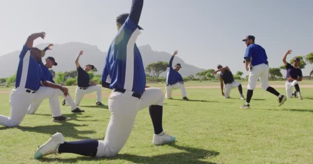 Vista Lateral Treinador Beisebol Masculino Caucasiano Instruindo Uma Equipe Multi — Vídeo de Stock