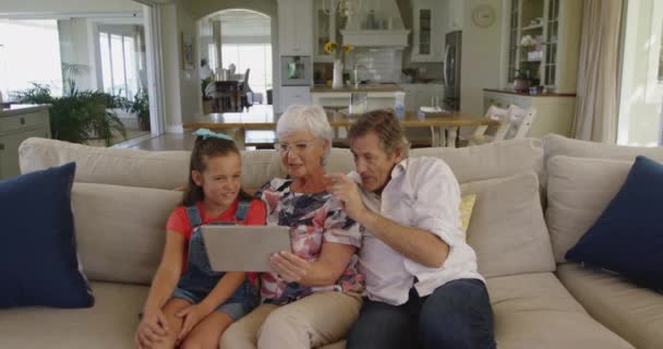 在客厅的沙发上 白种人祖父母坐在沙发上 和他们年幼的孙女一起看着平板电脑 慢吞吞地聊天 — 图库视频影像