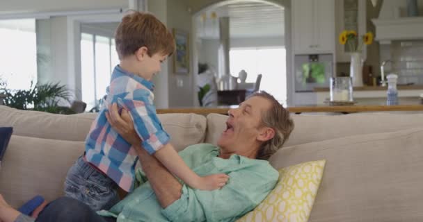 Side View Senior Caucasian Man Sitting Sofa Living Room His — Stock Video