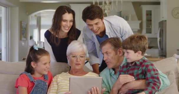 Oturma Odasındaki Kanepede Oturan Elinde Tablet Bir Bilgisayar Olan Büyükannesinin — Stok video