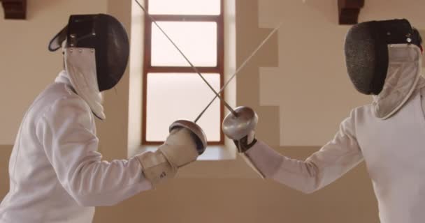 Side View Close Caucasian Mixed Race Male Fencer Athletes Fencing — Stock Video