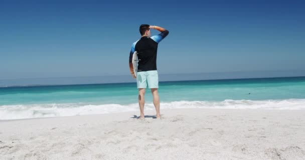 해변에서 시간을 즐기고 남자의 뒷모습 배경에 바다와 경치를 감상하는 파도타기 — 비디오