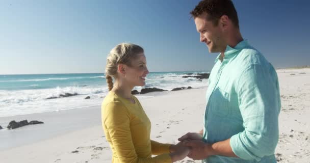 一对快乐的白种人情侣在沙滩上共度时光 手牵着手 微笑着 缓缓地与蓝天和大海拥抱在一起 相亲相爱的侧面景象 — 图库视频影像
