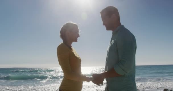 幸せな白人のカップルのサイドビュー一緒にビーチで自由時間を楽しんで 手を取り 笑顔と遅い動きの背景に青い空と海を受け入れます — ストック動画