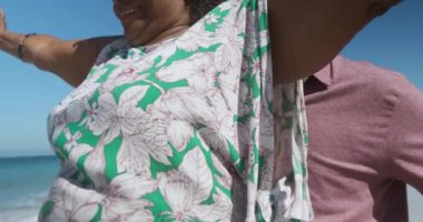 Arka planda mavi gökyüzü ve deniz olan, kollarını yavaş çekimde açmış yaşlı bir Afrikalı Amerikalı çiftin ön görüntüsü.