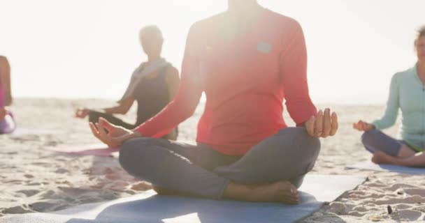 晴れた日に一緒に海沿いのビーチで自由な時間を楽しむ白人女性の友人のグループのフロントビュー スローモーションで瞑想 — ストック動画
