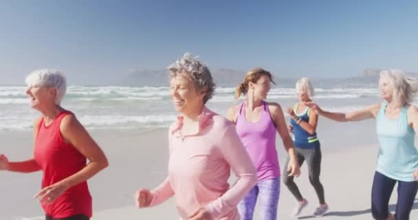 Widok Boku Grupy Białych Koleżanek Korzystających Wolnego Czasu Plaży Nad — Wideo stockowe