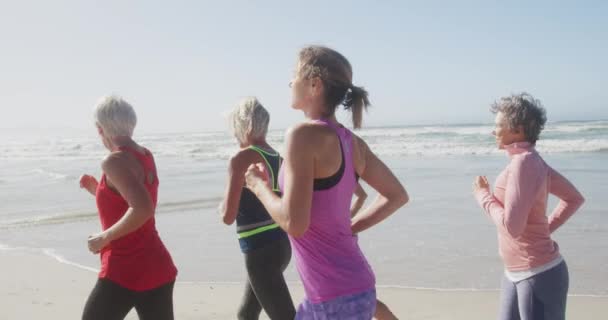 Vista Lateral Grupo Amigas Caucasianas Desfrutando Tempo Livre Uma Praia — Vídeo de Stock