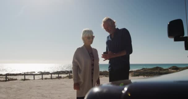在海滩上 一对年长的白人夫妇在阳光下 用智能手机 站在他们的汽车旁边 用智能手机 慢吞吞地笑着 站在他们的汽车前 — 图库视频影像