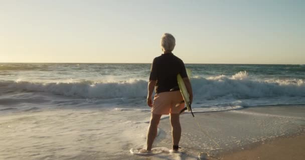 在阳光下的海滩上 一个高个子白人妇女站在海滩上 腋下抱着冲浪板 欣赏风景 背景是蓝天和大海 动作缓慢 — 图库视频影像