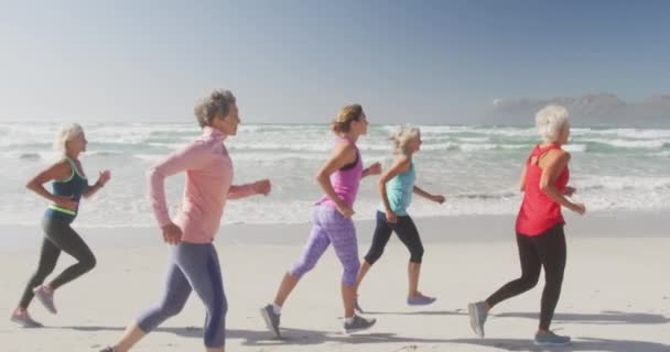 Vista Lateral Grupo Amigas Caucasianas Desfrutando Tempo Livre Uma Praia — Vídeo de Stock