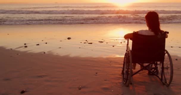 坐在轮椅上的年轻的男女混血女子在海边观看日落的背景图 — 图库视频影像