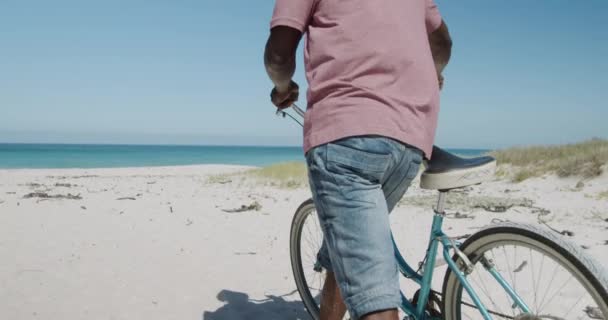青い空と海を背景にゆっくりとした動きの中で彼の自転車でビーチを歩くアフリカ系アメリカ人の上級者の背面図 — ストック動画