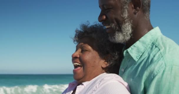 Tiefansicht Nahaufnahme Eines Glücklichen Älteren Afroamerikanischen Verliebten Paares Strand Mit — Stockvideo