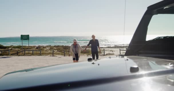 Πλευρική Άποψη Ενός Ηλικιωμένου Καυκάσιου Ζευγαριού Στην Παραλία Στον Ήλιο — Αρχείο Βίντεο
