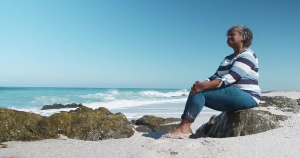 Side View Senior African American Woman Sitting Rock Beach Blue — Stock Video