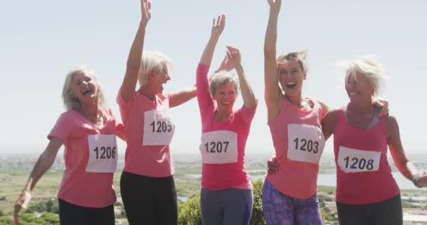 Fun Run Race Sunshine Front View Group Caucasian Female Friends — Stock Video
