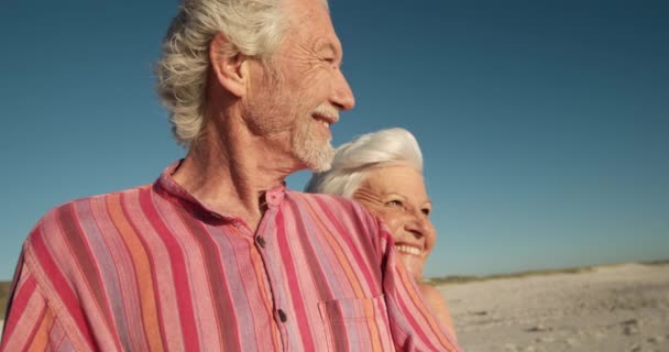 Alacsony Szög Oldalnézetben Egy Idős Kaukázusi Pár Strandon Mosolyogva Állva — Stock videók