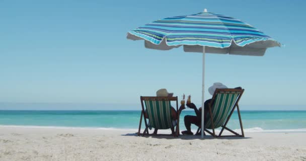 Widok Tyłu Starszej Pary Afroamerykanów Siedzącej Leżakach Pod Parasolem Plaży — Wideo stockowe