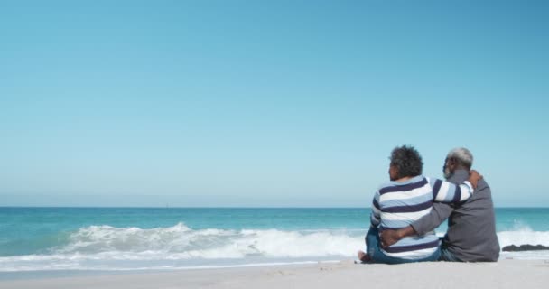 Vista Posteriore Una Coppia Afroamericana Anziana Seduta Sulla Spiaggia Con — Video Stock