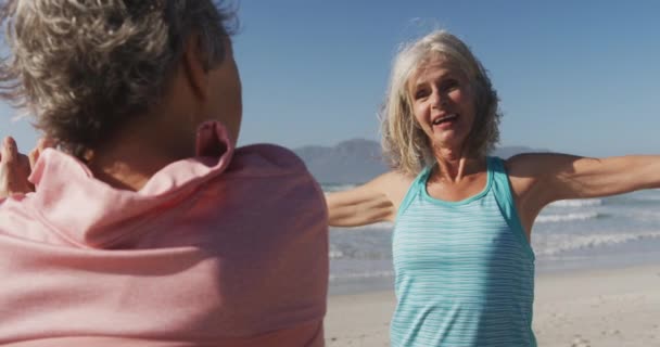 Pohled Zepředu Dvě Starší Bělošky Které Užívají Volného Času Pláži — Stock video