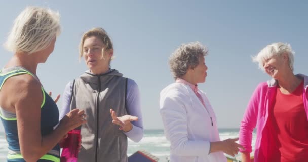 Framsidan Grupp Vita Kvinnliga Vänner Njuter Fritid Strand Vid Havet — Stockvideo