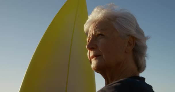 一位高个子白人妇女站在海滩上 举着冲浪板 慢吞吞地欣赏着美景 她的低角度侧视图 — 图库视频影像