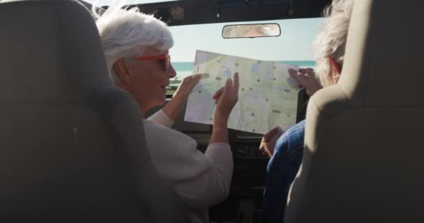 Rear View Senior Caucasian Couple Sitting Car Road Trip Looking — Stock Video