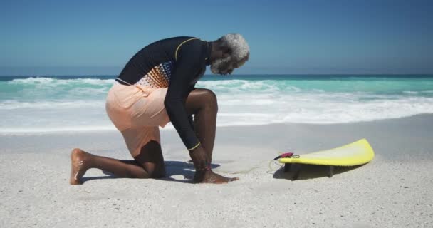 青い空とゆっくりとした動きの背景に海でサーフィンする前に準備し 太陽の下でビーチで上級アフリカ系アメリカ人の男性の側面図 — ストック動画