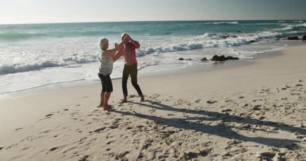 Zijaanzicht Van Een Senior Afro Amerikaans Echtpaar Dansend Het Strand — Stockvideo