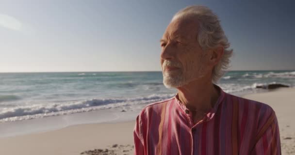 Vooraanzicht Close Van Een Oudere Blanke Man Het Strand Zon — Stockvideo