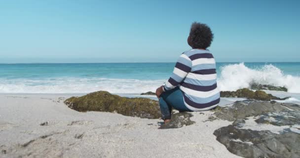 Vista Trasera Una Mujer Afroamericana Mayor Sentada Una Roca Playa — Vídeos de Stock