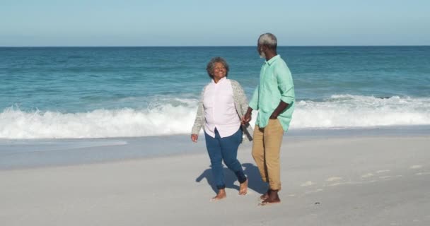 一对资深的非洲裔美国人夫妇在海滩上享受时光的侧视图 背景是蓝天和大海 他们手牵着手 赤脚行走 动作缓慢 — 图库视频影像