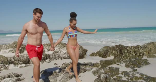 若い白人男性と若い混合人種の女性の側のビューは 海によって日当たりの良いビーチで手を取り合って自由な時間を楽しんで — ストック動画