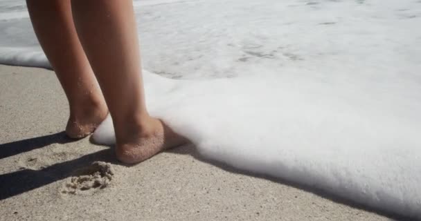 Seitenansicht Eines Kaukasischen Mädchens Einem Sonnigen Strand Das Barfuß Auf — Stockvideo