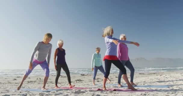 Vista Lateral Grupo Amigas Caucasianas Desfrutando Tempo Livre Uma Praia — Vídeo de Stock